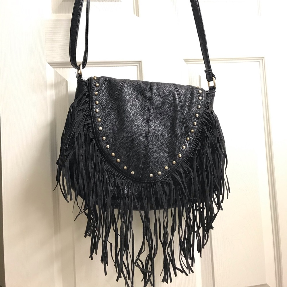Fringed black crossbody bag